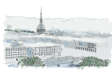 Illustrazione della città di Torino, Sketch disegno colorato con effetto acquerello. Dettaglio Mole Antonelliana, edificio simbolo di Torino Piemonte	