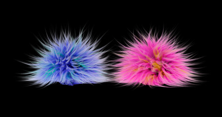 3d rendering. Fluffy purple ball on a black isolated background. Graphic illustration.