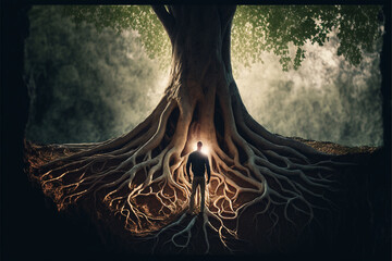 person standing in front of a tree with deep roots, representing the strength and stability of a solid foundation in life, REALISTIC (AI Generated)