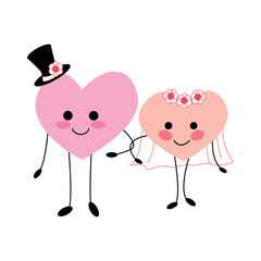 Kawaii couple. Cute love heart characters on white background. Bride and groom. The concept of a postcard for the wedding, for Valentine's Day