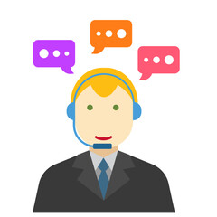 Male and female call center avatar icons with a faceless man and woman wearing headsets with colorful speech bubbles conceptual of client services and communication
