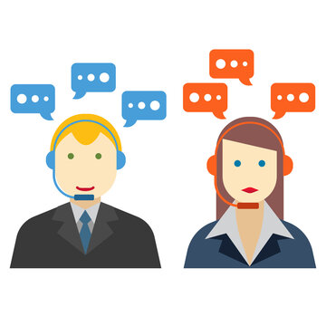 Male and female call center avatar icons with a faceless man and woman wearing headsets with colorful speech bubbles conceptual of client services and communication
