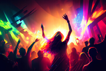 Illustration of dancing people in a club. Abstract illustration with paint splatters with vibrant colors and rainbow flag colors. Happy dancing at nightclub. Generative AI - obrazy, fototapety, plakaty