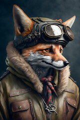 A sly fox in pilot's clothes, wearing a helmet.
