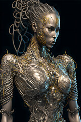 A cyborg woman, with wires from her body.
