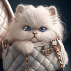 Cute fluffy white kitten in a bag.