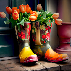 Tulips in boots on a city street.