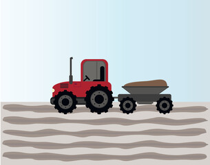 Tractor, red tractor with a trailer rides across the field. Sowing season or Agriculture concept. vector illustration.