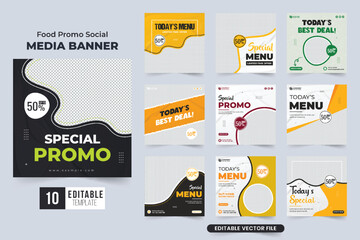 Special food promo template bundle with dark and yellow colors. Modern restaurant business promotion poster template set for marketing. Culinary food advertisement web banner collection vector.