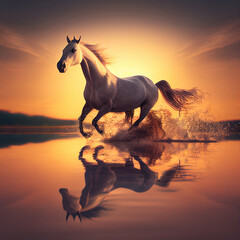 white horse splashing on water at sunset, generative ai