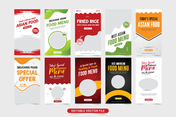 Delicious food menu social media story template collection with red and green colors. Special food promotional web banner set design with abstract shapes. Restaurant advertisement template bundle.