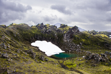 Fototapeta na wymiar Colourful Mountains, Green Moss, Geothermal Pools, Beautiful Volcano Valley Landmannalaugar, Iceland