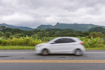 Fototapeta na wymiar Driving along the highway in the rainforest. White hatchback car.