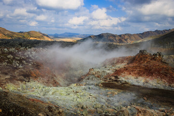 Colourful Mountains, Green Moss, Geothermal Pools, Beautiful Volcano Valley Landmannalaugar, Iceland