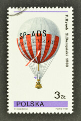 cancelled postage stamp printed by Poland, that shows Hot air balloon, Franciszek Hynek and Zbigniew Burzynski, 1933, circa 1981.