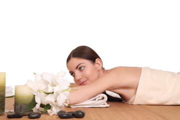 Obraz na płótnie Canvas woman relaxing in spa on white