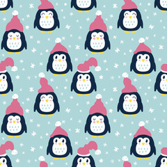 Winter penguins in hats with snowflakes seamless pattern. Perfect print for paper, textile and fabric. Hand drawn illustration for decor and design.