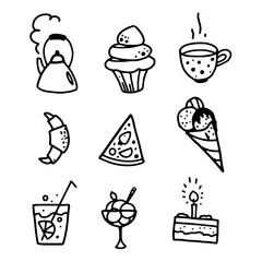 Set of images - sweets, hot and cold drinks. Isolated vector drawings. let's eat
