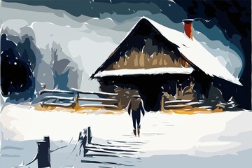 winter landscape with snow storm and a man walking  Abstract Digital Illustrations Painting Concept Art Part#231222