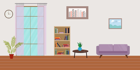 room interior with large window with bookshelves and sofa with purple wallpaper