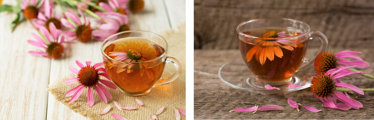 Cup of echinacea tea on white wooden table