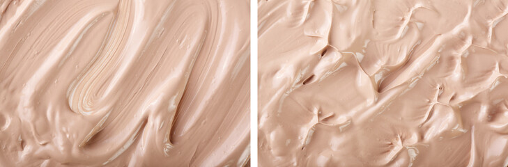 Beige liquid foundation makeup as a background. Top view. Flat lay pattern