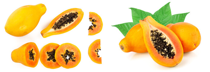 ripe papaya and slice isolated on a white background. Top view. Flat lay