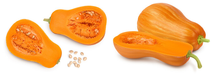 butternut squash half isolated on white background with full depth of field. Top view. Flat lay