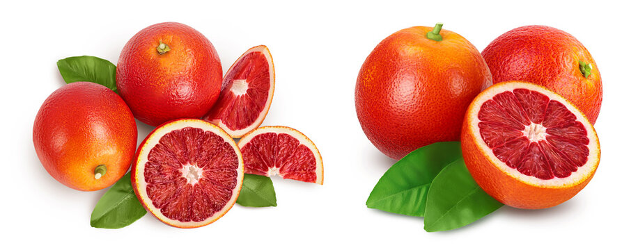 Blood red oranges isolated on white background . Top view. Flat lay