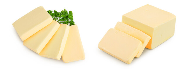 butter slices isolated on white background with full depth of field. Top view. Flat lay