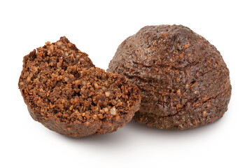chocolate cookie with kerob, banana, cashew, sunflower seeds and coconut paste isolated on white background. Healthy food, gluten-free, flour-free