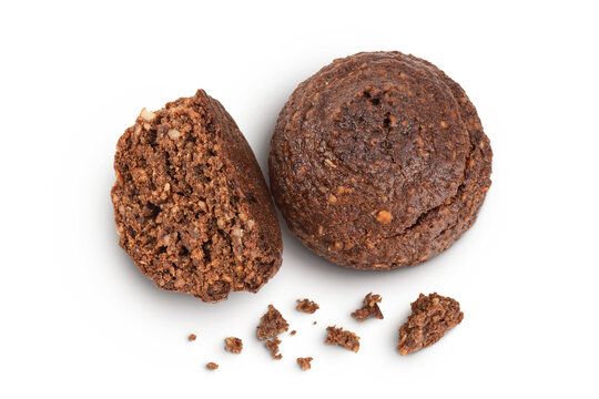 chocolate cookie with kerob, banana, cashew, sunflower seeds isolated on white background. Healthy food, gluten-free, flour-free. Top view. Flat lay.