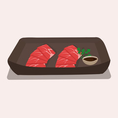 Japanese national cuisine, shabu-shabu on a plate with soy sauce. Vector illustration.