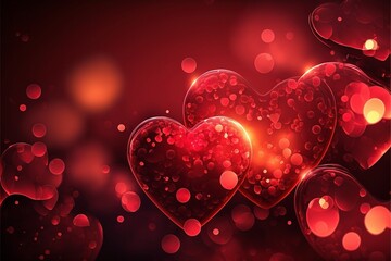Romantic red hearts bokeh background with space for text, AI generated illustration.
