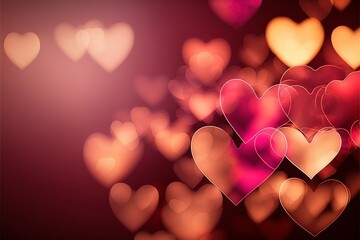 Romantic red hearts bokeh background with space for text, AI generated illustration.