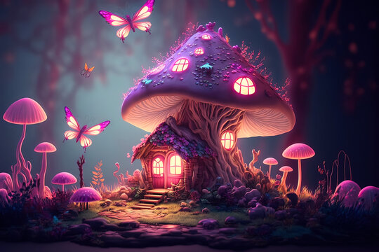 Digital illustration, magic elven house with fairy tale mushrooms and flowers, fairyland wallpaper, printable beautiful painting. Generative AI