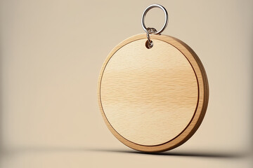 Mockup of a blank wooden circular tag on a chain, from the side. Unfilled mock up of a wooden keychain or trinket holder in the shape of a circle. Clear breloque keyholder template for household use - obrazy, fototapety, plakaty