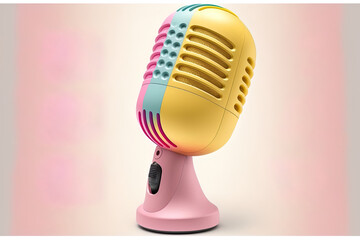 Example of a microphone. Pink and yellow podcasting or singing mic idea. Wireless microphone in pastel colors for listening to music or the radio, isolated on white. Generative AI - obrazy, fototapety, plakaty