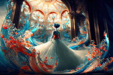 Gorgeous illustration of dance party in old fashion style. Glass architecture and figures. Generative AI.