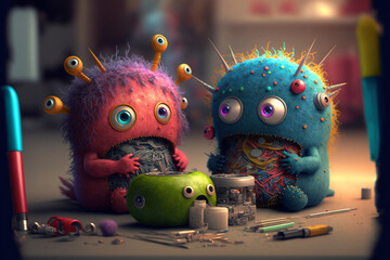 Group of cute little baby alien monsters working and crafting. Colorful monster aliens children in a workshop. Generative AI illustrations - obrazy, fototapety, plakaty