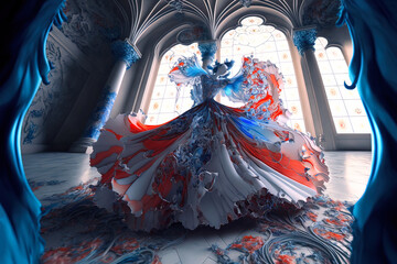 Gorgeous illustration of dance party in old fashion style. Glass architecture and figures. Generative AI.