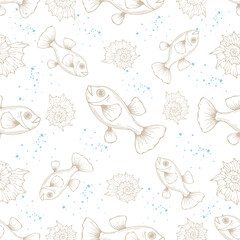 Seamless pattern with fish and seashells.Vector graphics.