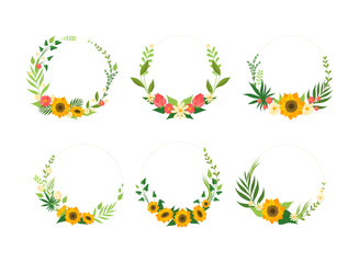 Sunflower Wreath with Large Yellow Flower Head and Seasonal Foliage Vector Set
