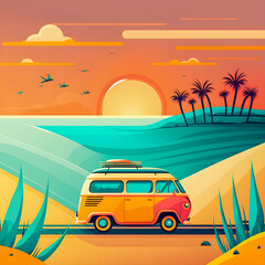 Traveling by car, beach landscape, happy holiday illustration