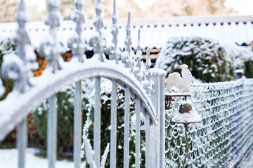 German bell with cock on the garden iron gate, covered with snow, vintage