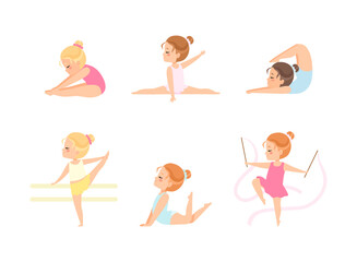 Little Girl Gymnast Wearing Leotard Doing Gymnastics Vector Set