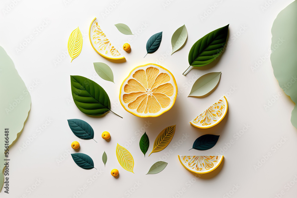 Poster lemon and slice on white backdrop with leaves. top perspective and a flat lay. generative ai