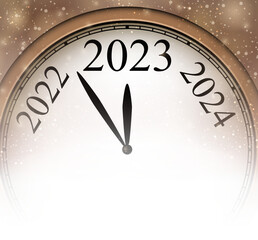 Naklejka na ściany i meble Golden Christmas clock showing 2023 with snow.