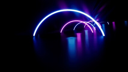 Glowing neon arc lights on the metal floor, 3d rendering