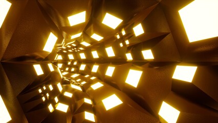 Glowing Yellow Multiple Square Lights in the Metallic Tunnel, 3D Rendering